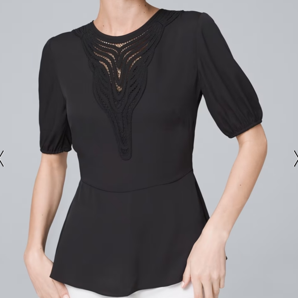 Black short sleeve peplum top with embroidered detail white House Black market s